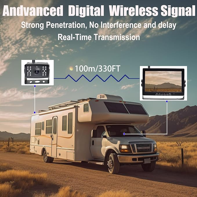 Vehicle 720P Digital Wireless Backup Camera System 7inch AHD IPS Monitor 1024X600 DVR Loop Recording+ 2pcs IP69K Waterproof IR Wireless Reversing Camera Dash Camera for Car Truck Bus RV Trailer