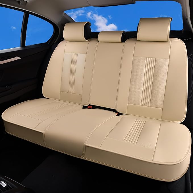 Huidasource Beige Rear Seat Cover, Nappa Leather Back Seat Cover with Ventilation Holes, Velcro Adjustable, Compatible with Seat Belts, Child Safety Seats, Fit for Most Cars SUV Truck, Beige