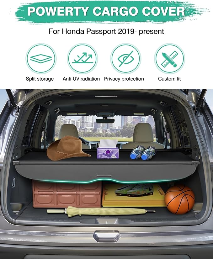 Powerty Retractable Cargo Cover for 2019-2025 Honda Passport, Canvas Texture Trunk Cover Privacy Screen Rear Security Shade for Passport Accessories
