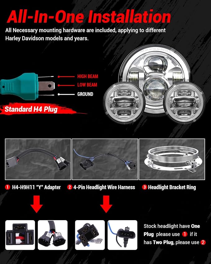 Z-OFFROAD New 7 Inch Motorcycle LED light 4.5" Fog Passing Lights, DOT Kit Compatible with Harley Davidson Road King Electra Glide Ultra Classic Heritage Softail Fat Boy Street Glide, Chrome