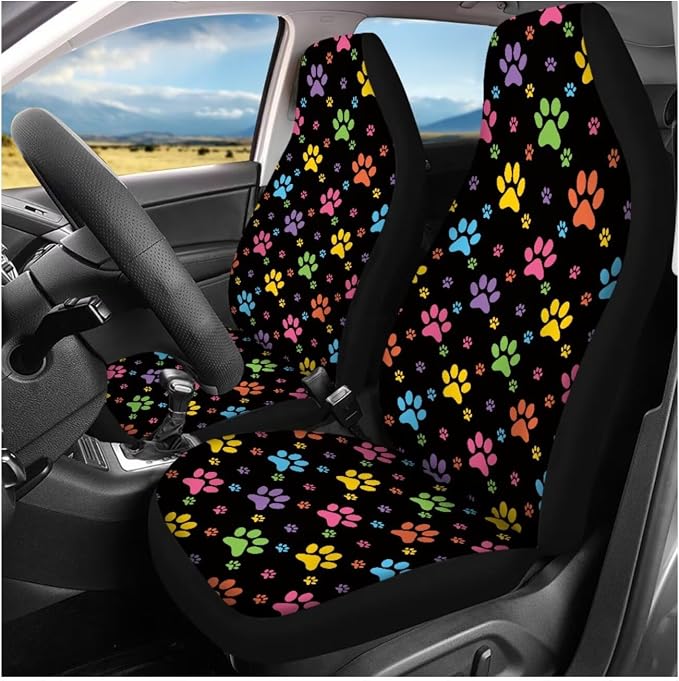 Ystardream Dog Paw Print Car Seat Covers Full Set Car Accessories for Teen Girly Interior Cute Set Polyester Fabric Vehicle Seat Protector Covers with Steering Wheel Cover Machine