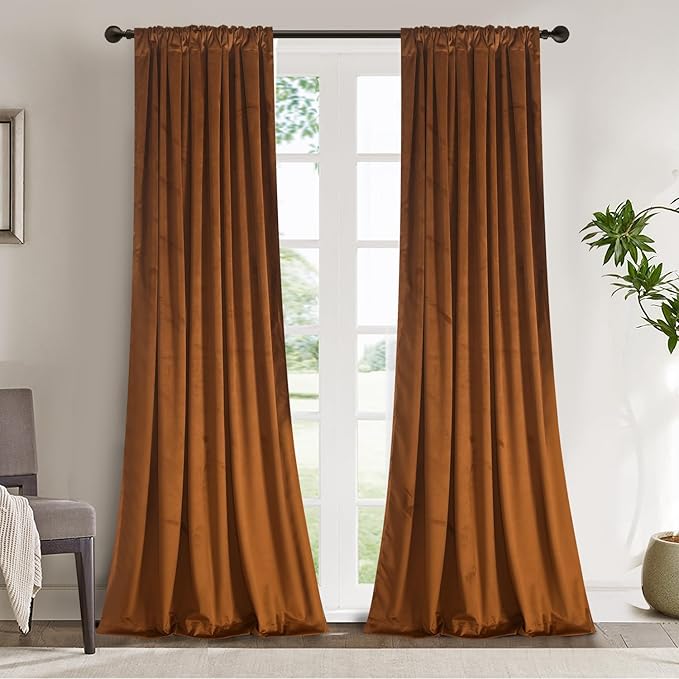 Roslynwood Luxury Soft Brown Velvet Curtains 72 inches Long Back Tab Thermal Insulated Blackout Window Drapes for Living Room/Bedroom/Dining Room, W52 x L72, 2 Panels