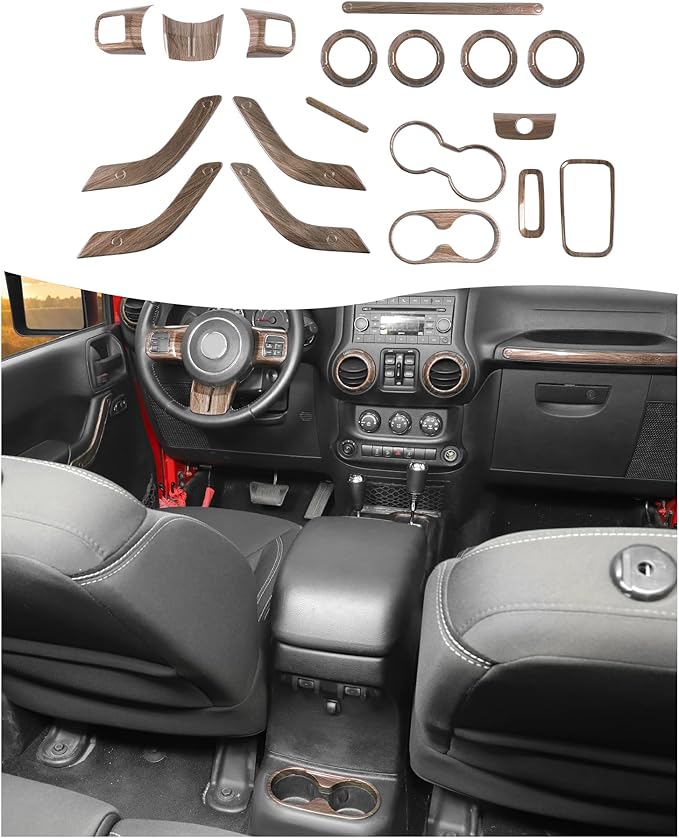 Hoolcar Steering Wheel Cover Gear Shift Panel Trim Cover Water Cup Holder Cover Kit Interior Accessories Kit Fit for Jeep Wrangler JK JKU 2011-2018, 4-Door, Wood Grain
