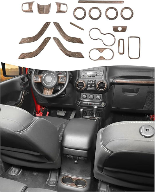 Hoolcar Steering Wheel Cover Gear Shift Panel Trim Cover Water Cup Holder Cover Kit Interior Accessories Kit Fit for Jeep Wrangler JK JKU 2011-2018, 4-Door, Wood Grain