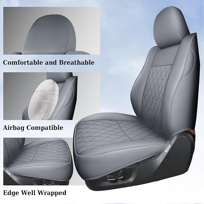 Coverado Tacoma Seat Covers Full Set, Faux Leather Seat Covers Custom Fit for 2005-2023 Toyota Tacoma Double/Crew Cab Base Prerunner SR5 Limited TRD Sport Interior Covers (Gray)