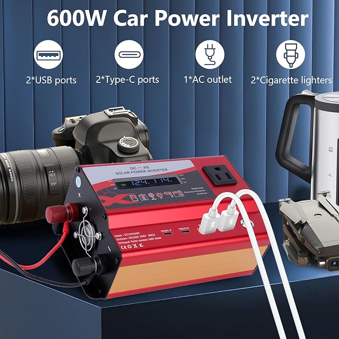 600W Car Power Inverter, 12V/24V Car Plug Adapter Outlet Converter with Dual Type C, Dual USB Dual, Dual Cigar Lighter, Single AC Outlet for Cars Trucks US Plug (Red)