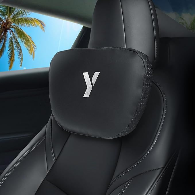 Nappa Leather Car Neck Pillow for Tesla Model Y Model 3 Juniper/Highland Headrest Pillow Memory Foam Ergonomic Design Breathable Height Adjustable Accessories (Black-1 pc-Y)