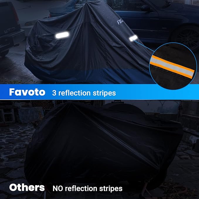 Favoto Motorcycle Cover Waterproof Outdoor 96.5 inches Length All Season Universal Fit Rain Sun Dust Protection Night Reflective with Lock-Holes & Storage Bag Motorbike Powersports Vehicle Cover