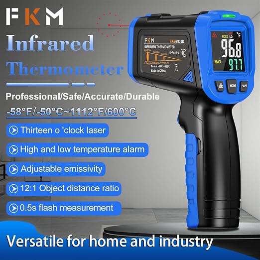FKM Laser Thermometer Gun -58°F~1112°F(-50°C~600°C),Non Contact Infrared Thermometer Gun for Industrial,Engine,HVAC,Kitchen Cooking,Digital Temperature Gun Adjustable Emissivity,Not for Human