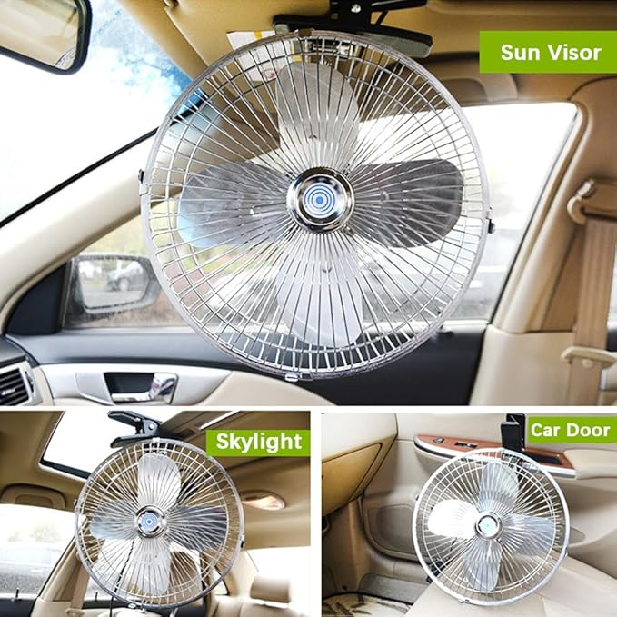 CYDZSW Car 12v Clip Fan,12 Volt DC 10 inch Large 360° Adjustment Metal Fans with Cigarette Lighter,90° Rotation Oscillating Clamp on Cooling Fan for Golf Cart RV and Vehicles (10inch)