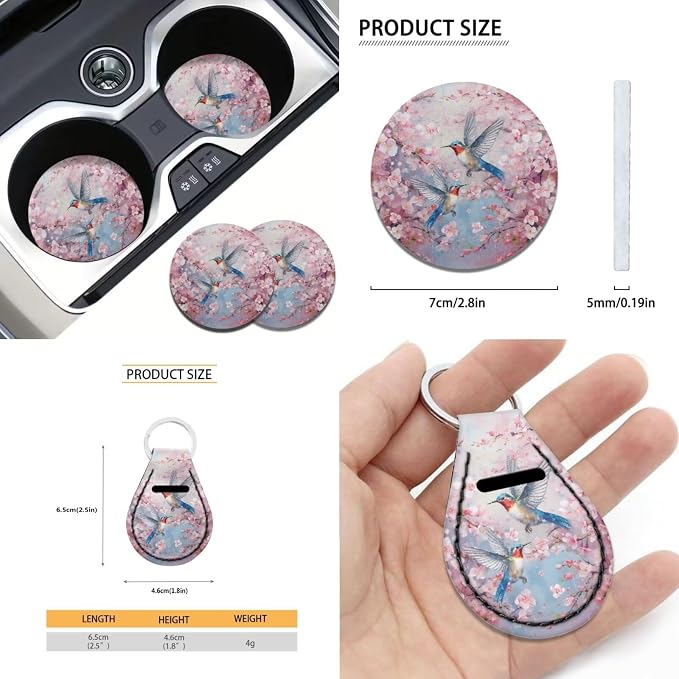 Suobstales Hummingbird Cherry Blossom Print Car Seat Covers Full Set for Women Girly Seat Cover Protector Auto Decorative with Steering Wheel Cover +Seat Belt Covers +Coasters +Keychains