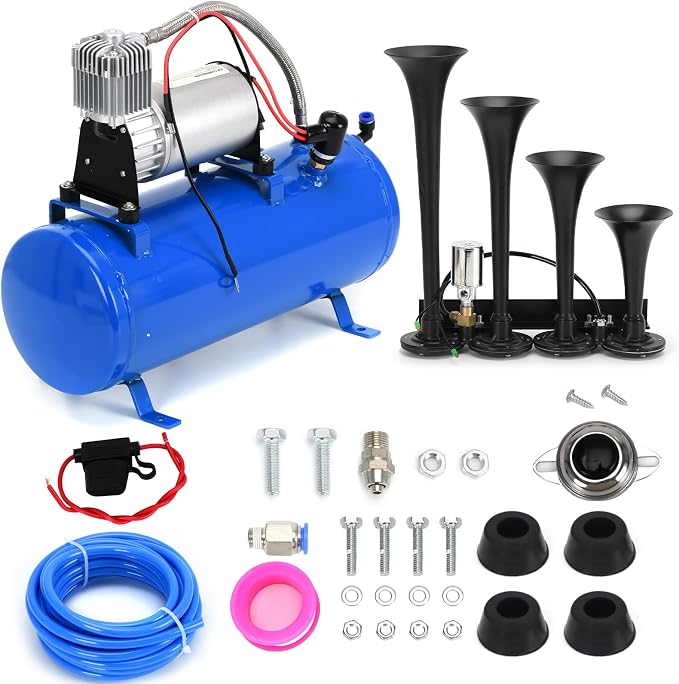 PTNHZ 150DB Train Horns Kit 12V 150PSI Air Compressor Tank Pump w/6 Liter 1.6 Gallon Tank + Super Loud Black 4 Single Row Trumpet For Train Truck Boat Pickup Motorhome