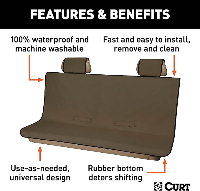 CURT 18522 Seat Defender 58-Inch x 63-Inch Brown Waterproof Universal Extra-Large Bench Truck Seat Cover Protector
