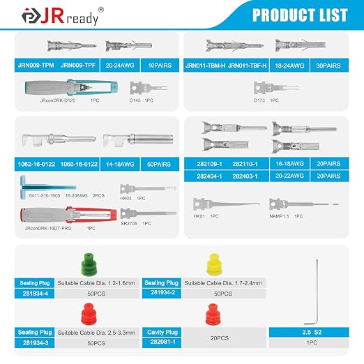 JRready ST6530 441Pcs Pins Terminals Pin Extractor Tool Micro-fit Mini-fit Jr Superseal 1.5 Deutch 16# Wire Crimp Contact Connector Electrical Automotive Male and Female Contacts with Pin Removal Tool