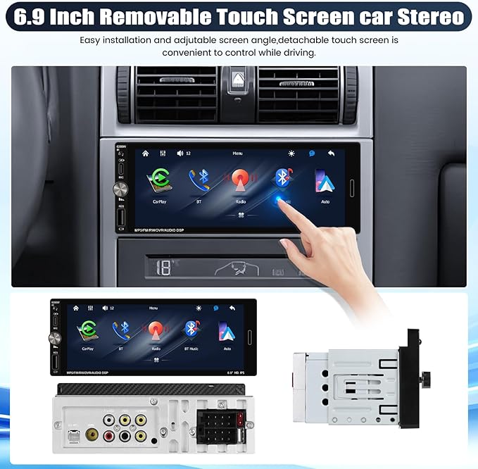 Single Din Touchscreen Car Stereo with Wireless Carplay&Android Auto,6.9 Inch Car Radio MP5 Player with Bluetooth FM Radio EQ Car Audio with USB/Type-C SWC+Backup Camera+Microphone
