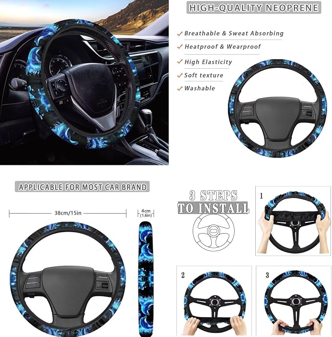 Dolphin Car Seat Covers Full Set of 11 Pack Neoprene Shift Knob Handbrake Cover+Seatbelt Pad Cover+Steering Wheel Wrap+Cup Holder Coaster for Car SUV Truck Van, Universal