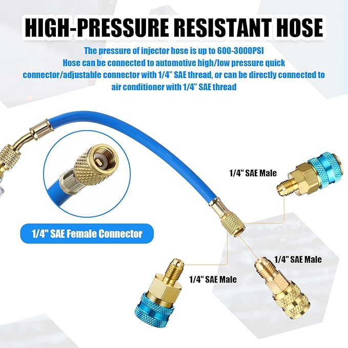 Tellegloww Ac Oil Dye Injector Kit 1/4 SAE with SAE R134a Oil Injector R1234yf Low Side Quick Coupler R410a Split Adapter Compatible with R134a R22 R12 R1234yf, Hand Push Compressor Manual 1oz/30ml