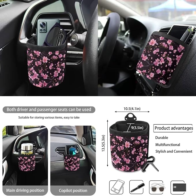Cherry Blossom Print 10 Pcs Car Seat Covers Full Sets, 1 Steering Wheel Cover, 4 Front Rear Seat Covers, 1 Vehicle Garbage Can, 1 Car Air Vent Storage Bag, 2 Cup Coasters, 1 Keychain