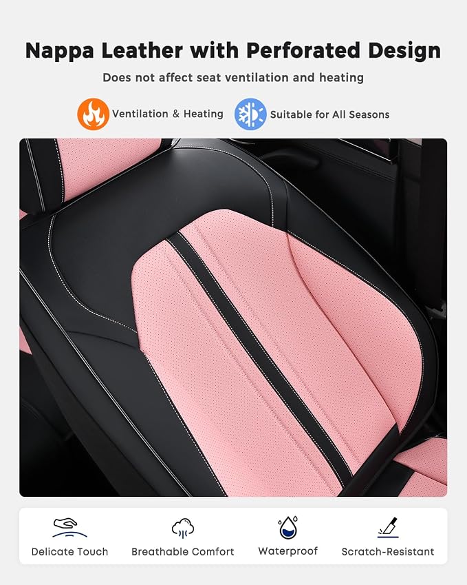 Huidasource Car Seat Covers Front Seats, Luxury Faux Leather Front Seat Covers, Compatible with Airbags, Seatbelt Buckles, Cooling＆Heating, Universal Fit for Most Cars, Vans, Trucks, SUVs, Black＆Pink