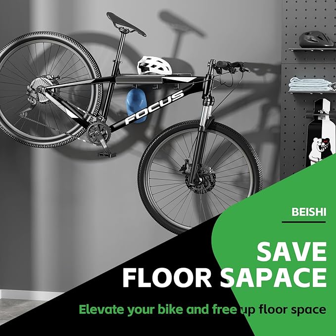 Bike Wall Mount Rack Indoor Bike Storage Garage Bike Rack Wall Mount with Shelf and Hooks Store Your Helmet and Shoes for a Single Road, Mountain or Other Bicycle (Universal Bicycle,16" Stud)