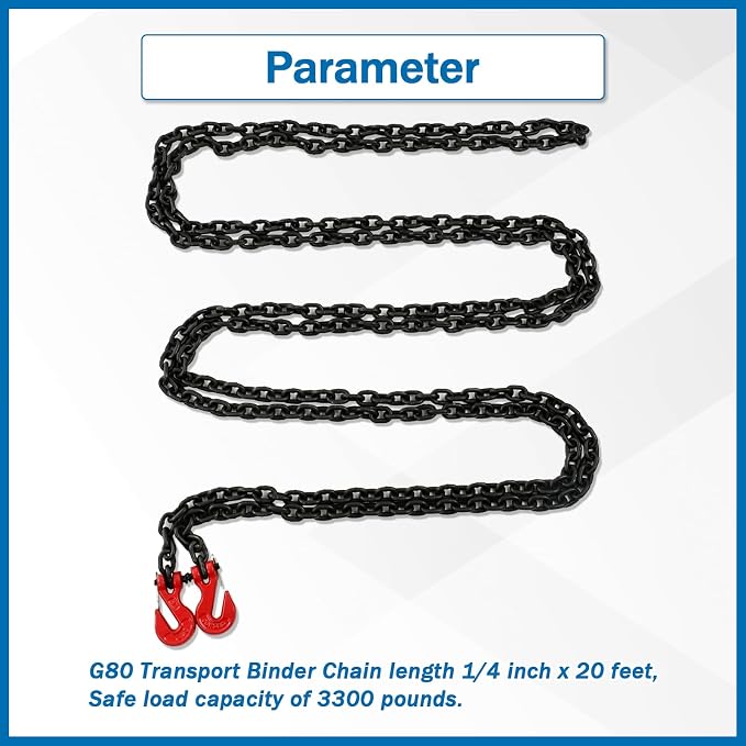 1/4 Inch x 20 Feet Transport Binder Chain G80 Safey Tow Chain with Red Grab Hooks 3300 Lbs Safe Work Load for Transporting Towing Tie Down Binding Equipment