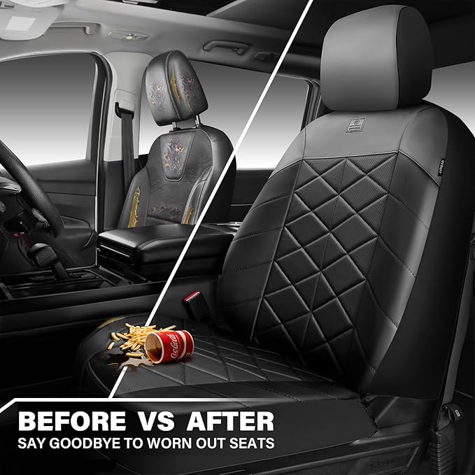 CAR PASS Memory Foam Leather Seat Covers, Waterproof Nappa Leather Car Seat Covers Front Seats Universal Fit for Cars,SUV,Truck Seat Covers Thick 3D Foam Comfortable, Airbag Compatible Black Gray