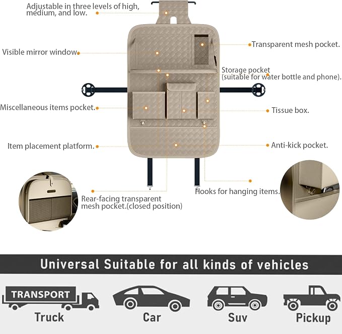 XDV Car Seat Organizers,Multi-functional Back Seat Protectors, Storage Pouches, and Tray Holders (for Cars, Kids, Seat Back and Rear Seats) (Woven Beige, 1 Pcs)