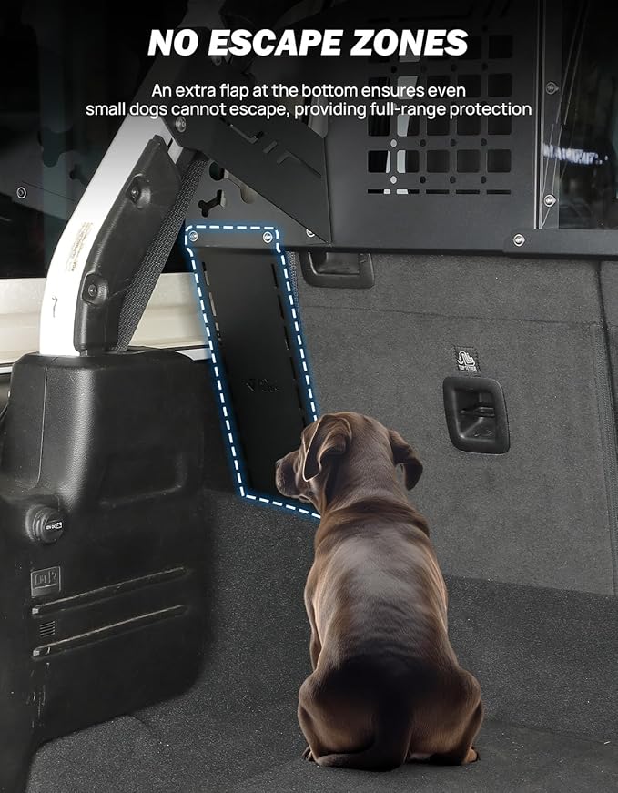 JOYTUTUS Heavy Duty Dog Car Barrier for Wrangler JL 2018-2023, MOLLE Compatible Dog Car Barrier for Cargo Area Car Divider, No Drill Large Pet Car Gate Trunk Barrier