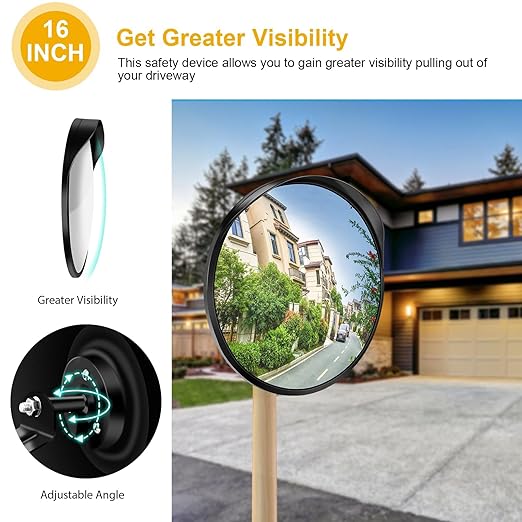 Angooni Premium 2 Pack 16" 2.0mm Thick Acrylic Convex Traffic Mirror, Ajustable Wide Angle View Security Mirror for Garage, Parking, Warehouse, Office, driveway and Traffic Blind Spots