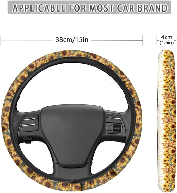Cat Sunflower Pattern 13 Pieces Car Accessories Set, Anti Slip Car Front and Rear Seat Cover + Steering Wheel Cover + Seat Belt Cover Pad for Car + Coasters for Women Men