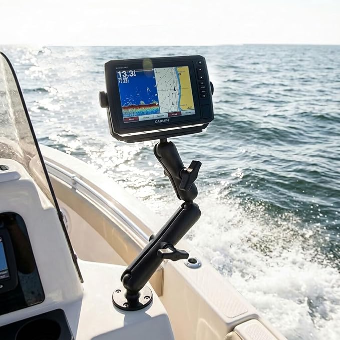 1.5" Ball Lengthened Arm Fish Finder Mount with Double Arms, Aluminum Alloy Marine Electronic Mount, Round Base with 1.5 inches / 38mm / C Size Ball, Compatible with Garmin, Lowrance, Humminbird More