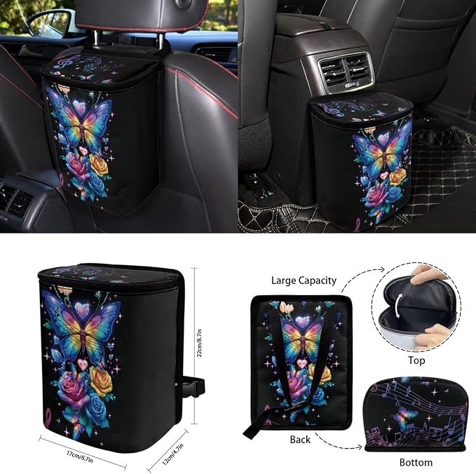 Colorful Rose Butterfly Car Seat Covers Full Set 15 Pcs Universal Car Accessories Steering Wheel Cover Seat Belt Pads Garbage Bag Rearview Mirror Cover Coasters Keychain