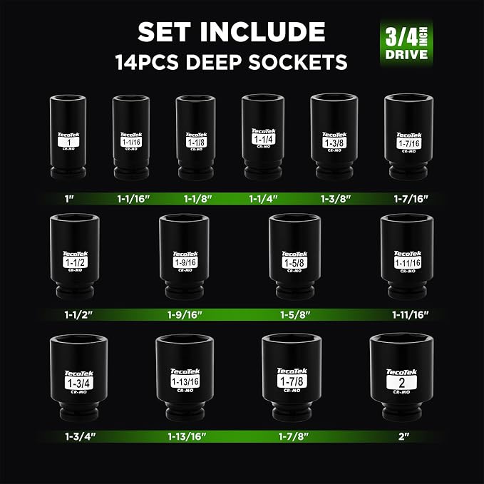 TecoTek 3/4" Drive Deep 6-Point Impact Socket Set, 14-Piece Heavy Duty Impact Socket Set, Cr-Mo, SAE (1" to 2"), for Large Vehicle and Apparatus Maintenance