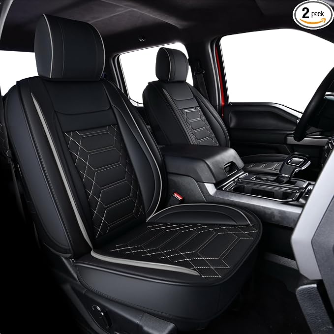 RISINGSTAR Silverado Sierra Front Seat Covers Faux Leather, Fit for 2007-2026 Chevy Silverado GMC Sierra 1500/2500HD/3500HD Crew Double Regular Cab(Front Pair, Black&Gray 2 pcs)
