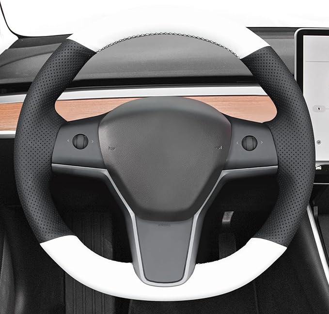 MEWANT Hand Stitch Black White Faux Leather Steering Wheel Cover Wrap for Tesla Model Y 2020-2023 Tesla Model 3 2020