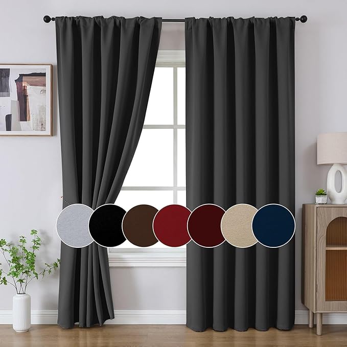 Joydeco 96 Inch Blackout Curtains for Bedroom, Black Out Curtains 96 inch Long, Room Darkening Thermal Insulated Drapes 2 Panels Set, Dark Grey Curtains for Living Room