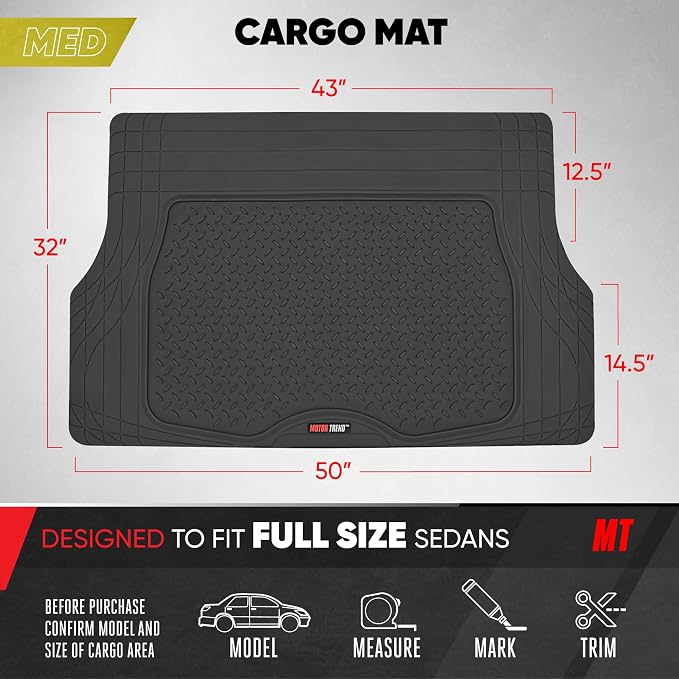 Motor Trend DualFlex Heavy Duty Rubber Auto Floor Mats w/Cargo Trunk Liner Cover Padding for Car Truck SUV, Universal Trim to Fit, All Weather Protection, Gray (MT-688-GR+MT-884-BK)