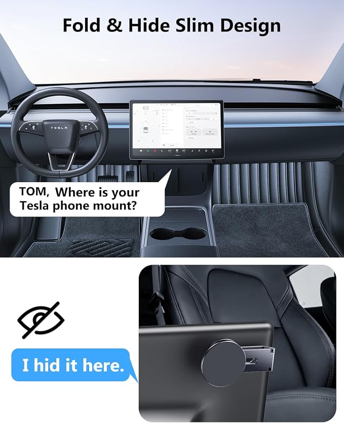 Tesla Phone Mount for Magsafe: Tesla Car Phone Holder for Tesla Model 3/Y Accessories 【Strongest N52 Magnet + 360° Adjustable】 Foldable Hidden Car Mount Magnetic iPhone & Android