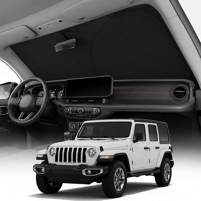 REEVAA 2026 3rd Pro Windshield Sunshade for Jeep Wrangler | XS (60 × 21 Inches) | Dual-Layer Heat & Sun Defense, OEM Design | Foldable Sun Shade Car Accessories with Storage Bag