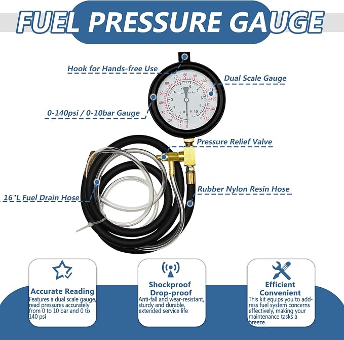 Pro Fuel Injection Pressure Tester Kit Fuel Pressure Gauge Fuel Pressure Test Kit 0-140 PSI with 9.49,7.89,6.30 Fuel Line Fittings