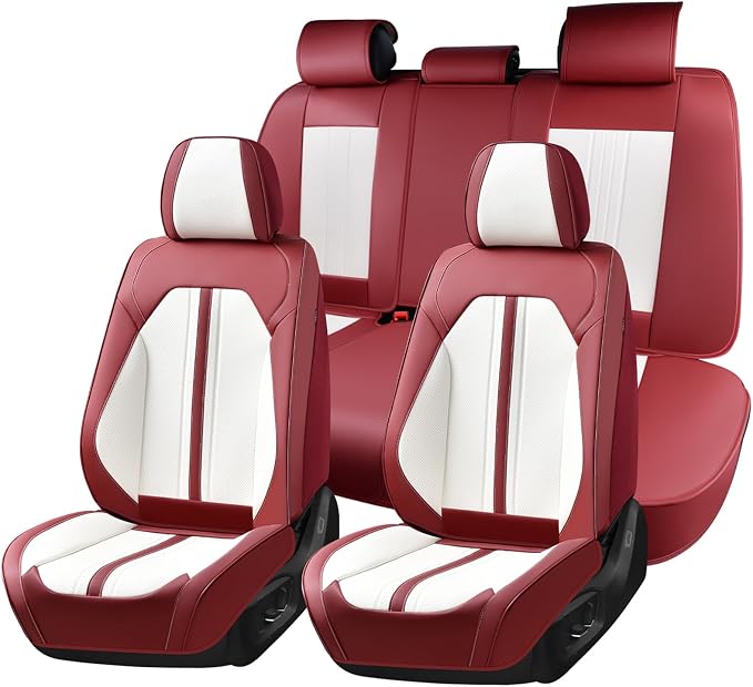 Huidasource Car Seat Cover, Luxury Faux Leather Seat Covers for Cars, Velcro Adjustable, with Airbags, Child Seat, Perforation Cooling＆Heating, Universal Fit for Most Cars Vans Trucks SUVs, Red＆White