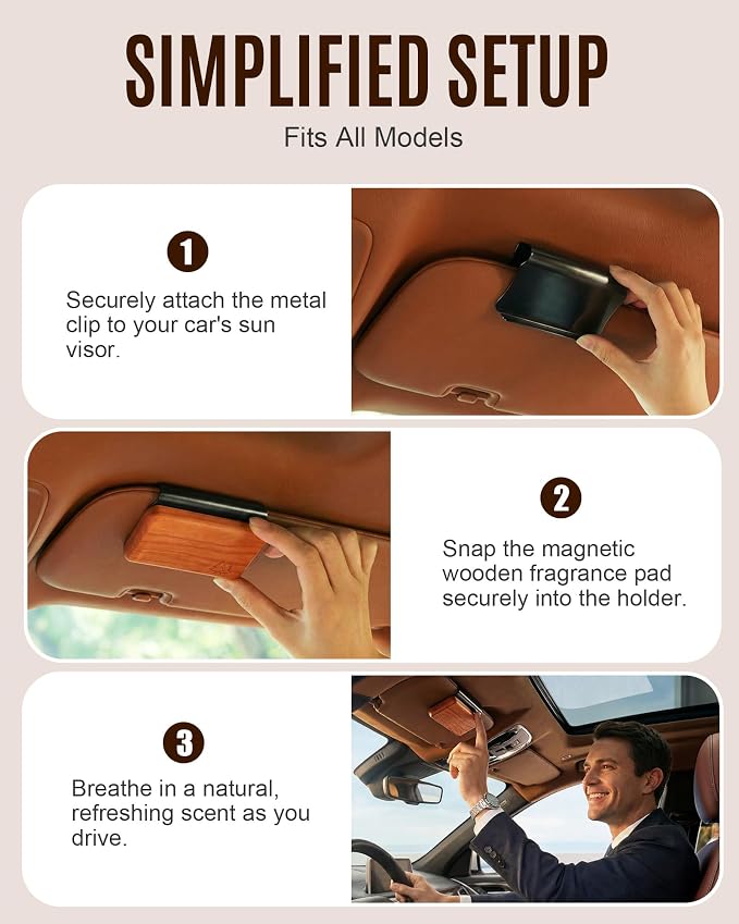 Natural Wooden Car Air Freshener for Visor Clip- Natural Teak/Cabana/Amber Scents, Long-Lasting Odor Eliminator with Metal Clip, 3 Refillable Wood Chips for Cars/Trucks/SUVs