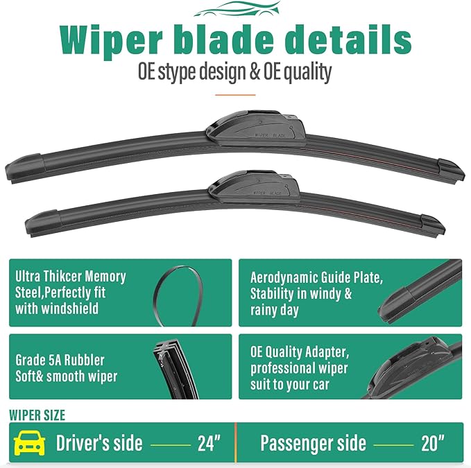 24" 20" 11" Windshield Wiper Blades Replacement for Cadillac XT5 2017 2018 2019 2020 2021 2022 2023 2024 2025 Premium All Weather Front Rear Wipers Set - OEM Quality (Pack of 3)