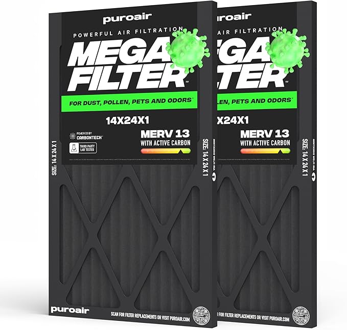 PuroAir MegaFilter - 14x24x1 Air Filter MERV 13 Activated CarbonTech Defense - Heavy Duty 3 Layer Furnace Filters Allergens, Pollen, Dust, Pet Dander, Smoke, Odors - HVAC Air Filter 14x24x1 (2-Pack)