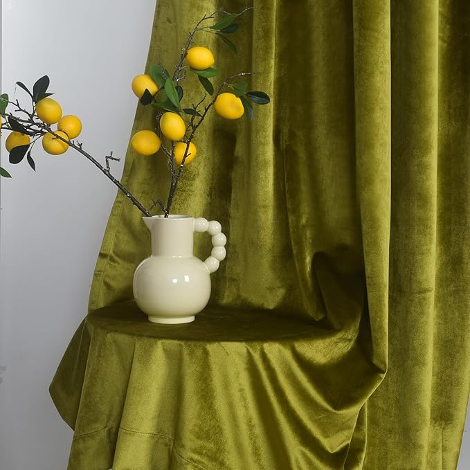 Roslynwood Luxury Soft Olive Velvet Curtains 108 inches Long Back Tab Thermal Insulated Blackout Window Drapes for Living Room/Bedroom/Dining Room, W52 x L108, 2 Panels