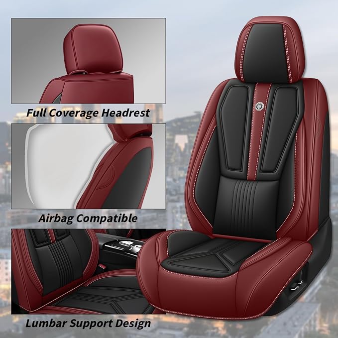 Arazi Fit for 98% of Mazda Seat Covers, 360° Full Wrap Original Seat Cover, Waterproof Nappa Leather Seat Covers with Big Space Storage Pocket Seat Protector（5 Seats Standard, Black&Red）