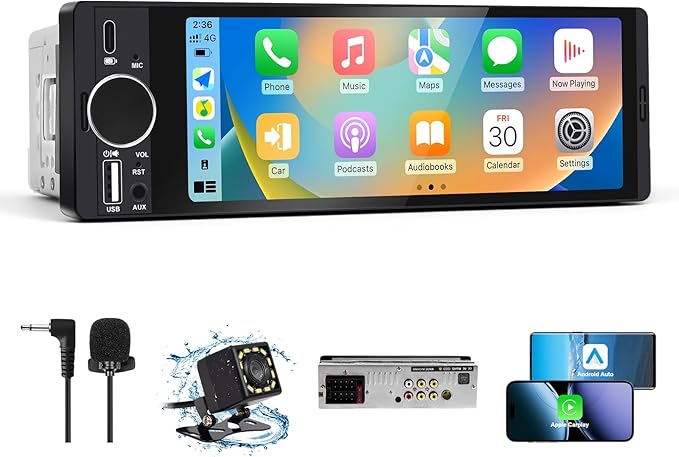 Single Din Car Stereo with Apple CarPlay & Android Auto, HD Touch CarPlay Screen, Backup Cam,Bluetooth, USB Type-C, SWC, EQ, FM Radio (with External Mic) (6.36 inch)