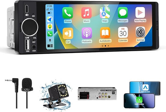 Single Din Car Stereo with Apple CarPlay & Android Auto, HD Touch CarPlay Screen, Backup Cam,Bluetooth, USB Type-C, SWC, EQ, FM Radio (with External Mic) (6.36 inch)