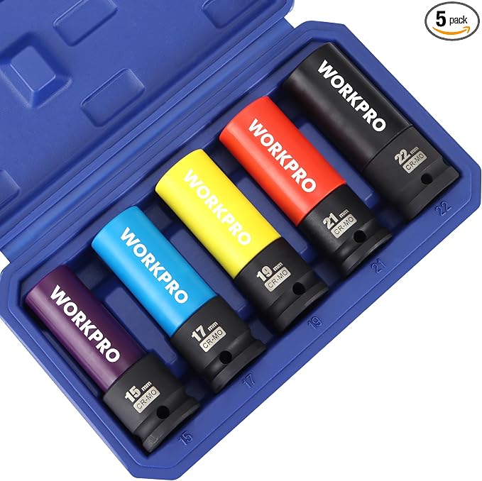 WORKPRO 1/2" Drive Lug Nut Socket Set, 5 Pieces 15 17 19 21 22 MM Non-Marring Lug Nut Wheel Socket Set, Thin Wall Wheel Protector Nut Socket