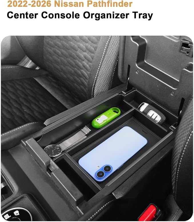 Center Console Organizer For 2022-2026 Nissan Pathfinder - Armrest Box Storage Tray Compatible with 2022-2026 Pathfinder Accessories - Center Console Armrest Organizer Solid ABS With Anti-Slip Mat